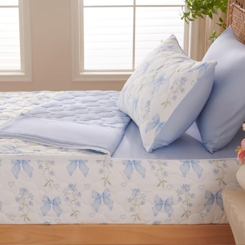 Jolusere Zipper Bedding Full Blue Bow Comforter Zipper Bedding Set for Kids Girls,Cute Princess Bowknot Coquette Floral Design, All in one Zipper Bedding(Blue,Full) Jolusere