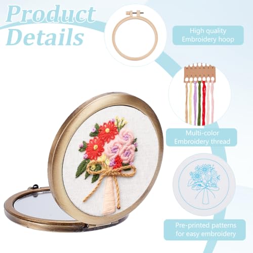 WEBEEDY Embroidery Starter Kit DIY Bouquet Mirror Embroidery for Beignners, Cross Stitch Makeup Mirror Kit with Stamped Flower Pattern for Women Birthday Bridesmaid Party Sewing Stitchwork Gift