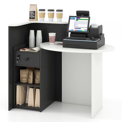 Giantex Reception Desk, Front Counter Desk with Lockable Drawer, Checkout Table with Round Tabletop, Corner Shelf & Adjustable Shelf for Office Beauty Salon Retail Store (Black & White)