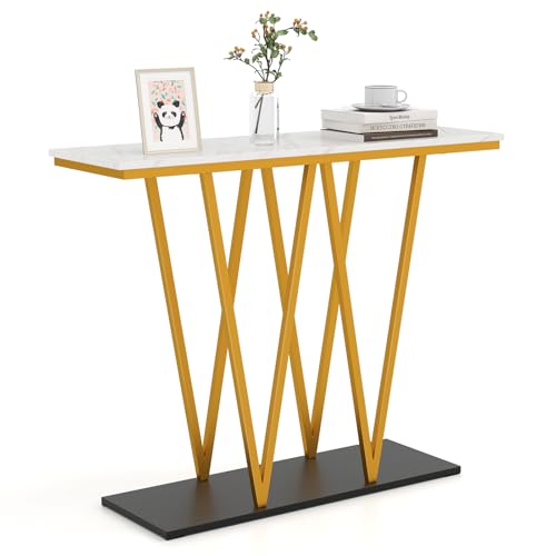 Giantex Gold Console Table, 40” Entryway Table with Faux Marble Top & Sturdy Metal Base, Modern Accent Sofa Table for Entrance, Living Room, Hallway, Foyer Decoration, White Giantex