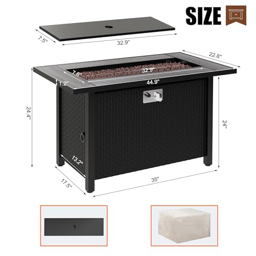 Walsunny 45 inch Outdoor Propane Fire Pit 50,000 BTU Gas Fire Pit Table with Lid, Lava Rock, Waterproof Cover, Rectangle Gas Firepit Table for Garden/Patio, CSA Certification Shintenchi