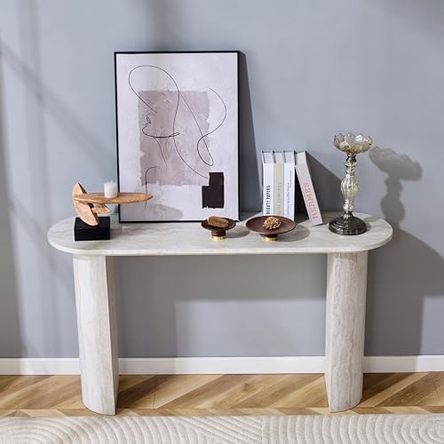 BFJDM 55" Faux Travertine Stone Console Table for Entryway, Sofa Entrance Table with Faux Mars Marble Pattern, Modern Sofa Tables with Rounded Curved Edges for Living Room, Hallway, Foyer, Beige BFJDM