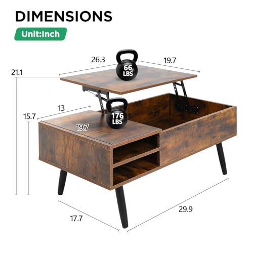 PayLessHere Lift Top Coffee Table with Adjustable Storage and Hidden Compartment Small Wood Coffee Table Center Table for Home Living Room Office Apartment Reception Room,Brown PayLessHere