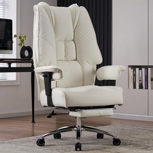 EXCEBET Big and Tall Office Chair 400lbs Wide Seat, Leather High Back Executive Office Chairs with Foot Rest, Ergonomic Lumbar Support for Lower Back Pain Relief (White) EXCEBET