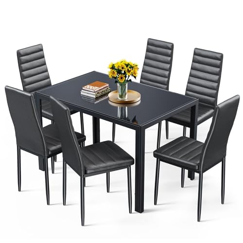 Bealife Kitchen Dining Table Set for 6, Tempered Glass 7 Piece Table and Chairs Set Modern for Home, Kitchen, Living Room, Dining Room,Black Bealife