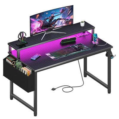 Lufeiya Gaming Desk with Power Outlets and LED Lights, 40 Inch Gamer Desk Table with Charging Station, Home Office Computer Desks with Monitor, Black