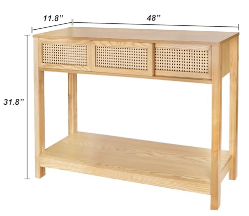 Long Console Table, Console Tables for Entryway, Rattan Entry Table Narrow Wood Console Table with Storage Drawers, Modern Couch Table Hallway Table Boho Sofa Table for Living Room ZYBT