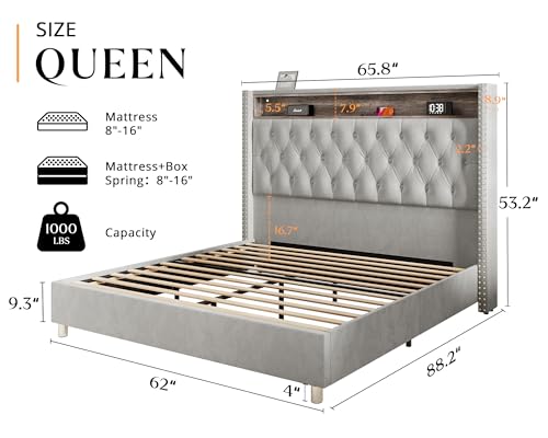 Jocisland Gray Velvet Queen Bed Frame with LED Lights & Charging Station Jocisland