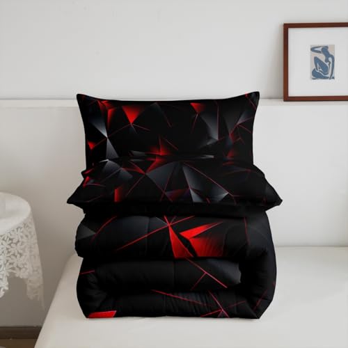 jejeloiu Red and Black Comforter Set Twin Size Kids Geometric Pattern Bedding Set for Boys Girls Teens Adults, Art Aesthetic Duvet Quilt Breathable Soft Room Decor 2Pcs jejeloiu