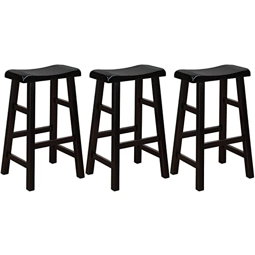 eHemco Heavy-Duty Solid Wood Saddle Seat Kitchen Counter Barstools, 29 Inches, Black, Set of 3 eHemco