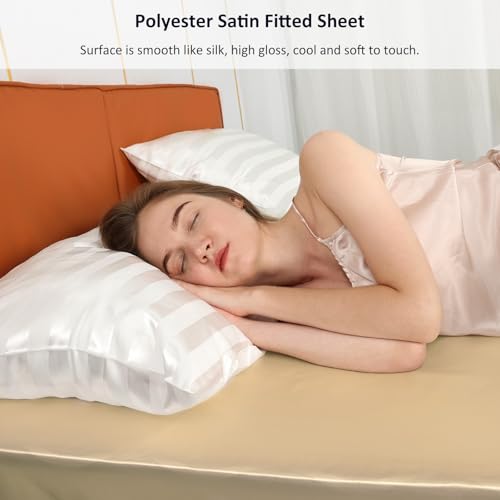 Lirex Satin Fitted Sheet Queen Size,Luxury & Ultra Soft Deep Pocket Single Bottom Bed Sheets Sold Separately, Champagne Lirex