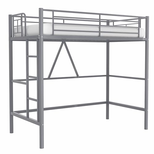 VECELO Metal Loft Bed Twin Size with Removable Ladder and Safety Guardrail, No Box Spring Needed, Space Saving, Noise Free, Grey VECELO