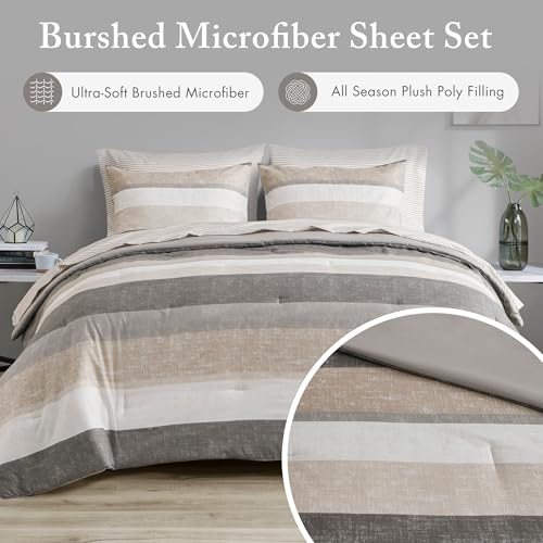 Madison Park Essentials King Comforter Set, Bed in A Bag Comforter & Sheet Set, Modern Casual Stripes Print, All Seasons, Soft Microfiber Bedding Makeover, Matching Shams, King Taupe/Grey 7 Piece Madison Park