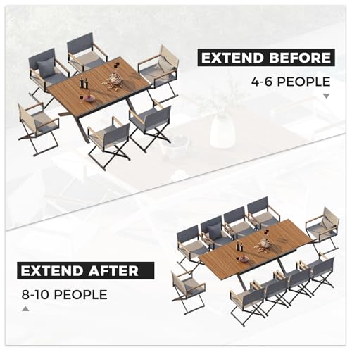 Grand patio 11-Piece Outdoor Dining Set, 10 Extra-Wide Folding Chairs & 1 Rectangle Expandable Table for 6-8 Person, Sling Mesh Patio Chairs with Wood Grain Table for Yard, Poolside, Deck, Gray Grand patio