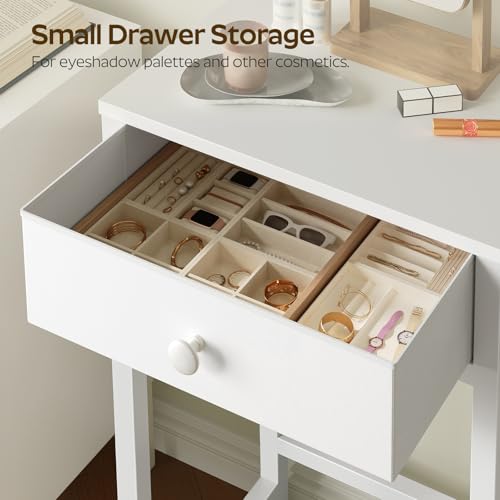 YATINEY Small Vanity Desk Without Mirror, Makeup Vanity Table for Small Space, Compact White Dressing Table with Fold-up Panel and Fabric Drawer, for Bedroom, Easy Assembly, White YATINEY