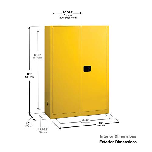 Justrite 45 Gallon Manual Close Flammable Storage Cabinet, 18 Gauge Steel, 2 Shelves, 2 Door Fire Cabinet, 65" x 43" x 18", Made in The USA, Yellow, 894500 Justrite