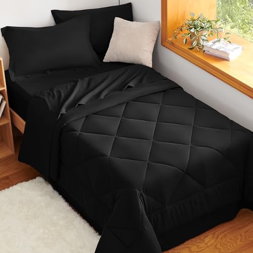 CozyLux Twin Comforter Set with Sheets Black - 5 Pieces Bed in a Bag Twin, All Season Bed Set for Girls and Boys, Bedding Set with Down Alternative Comforter, Sheets, Pillowcase & Sham CozyLux