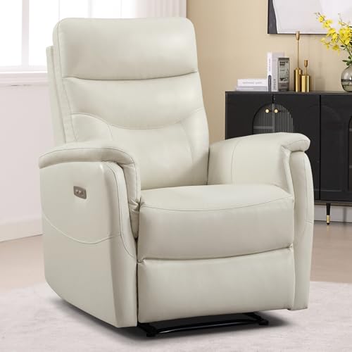 CANMOV Power Recliner Chair for Adults, Genuine Leather Reclining Chair with Overstuffed Arm and Back, Electric Single Reclining Sofa with USB Charging Ports for Living Room Nursery, Bedroom(White)