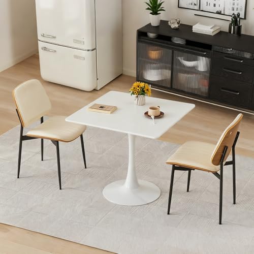 Hansweld Square Dining Table, 31.5" Tulip Table with Thickened Tabletop & Metal Pedestal, Mid Century Modern Bistro Table for Kitchen, Small Places, Living Room, Cafe (White) Hansweld