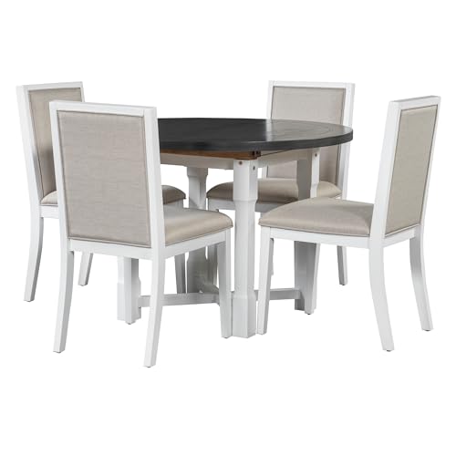 Merax 5-Piece Extendable Dining Table and 4 Upholstered Chairs, Round Oval Dining Table Set for 4, Wood MDF Kitchen Table Set with Removable Leaf for Dining Room, 42" to 58" (Grey+White) Merax