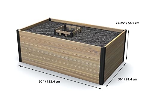 Vita Mezza 3 Foot x 5 Foot Keyhole Garden with Composting Basket, Golden Brown with Black Aluminum Posts, Cedar Wood, FSC, Pre-Stained, Outdoor, VT17702 Vita