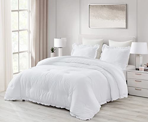 Chezmoi Collection Nora White Comforter Set Full Size 3-Piece Fluffy Soft Stone-Washed Ruffled Shabby Chic Bedding for All Season Chezmoi Collection