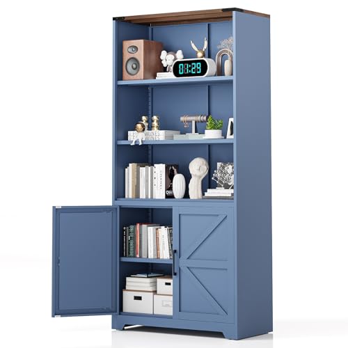 VINGLI Blue Bookcase with Doors and Adjustable Shelves, Steel 70" Tall Bookshelf Display Cabinet, 6-Tier Tall Farmhouse Metal Storage Cabinet for Study, Living Room, Home Office, Kitchen Pantry VINGLI