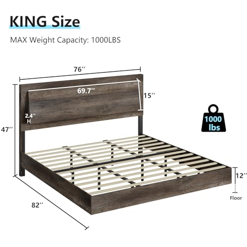 LUXOAK King Size Floating Platform Bed Frame with LED Light, Farmhouse Bed Frame with Headboard/No Box Spring Needed/Noise Free/Easy Assembly, Rustic Grey LUXOAK