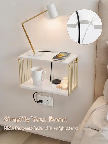 Sivapleso Floating Nightstand with Cable Hole, Modern Minimalism Small Wall Mounted White&Gold Bedside Table Pine Wood Hanging Night Stands Storage 2 Tier Shelf for Bedroom Bathroom Kitchen Sivapleso