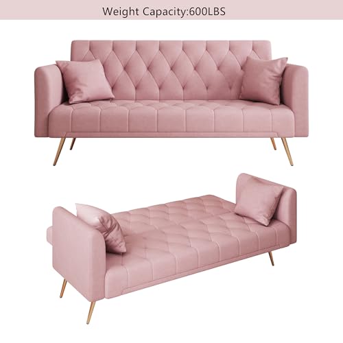 Modern Velvet Sofa Bed Futon with 2 Pillows,2-in 1 Convertible Sleeper Couch Bed,Folding Recliner Loveseat with Golden Metal Legs for Living Room Apartment Office (Light Pink) Anwick