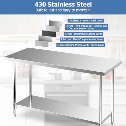 Goplus Stainless Steel Table, 60 x 24 Inches Kitchen Prep Table Work Table with Height Adjustable Under Shelf, Footpads, 900LBS Capacity, Food Prep Goplus