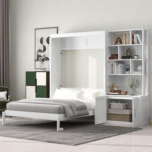 HABITRIO Full Size Murphy Bed, Wooden Full Murphy Wall Bed with Multiple Storage Shelves and A Cabinet, White HABITRIO