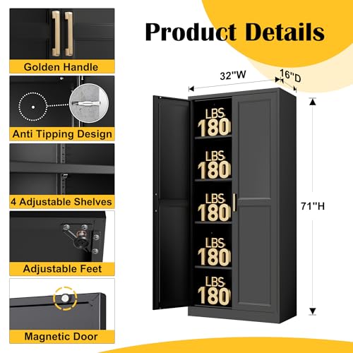 SteeLoong Kitchen Pantry Cabinet,71”Black Metal Pantry Storage Cabinet with Doors and 4 Adjustable Shelves,Kitchen Cabinet with 2 Gold Handles,Tall Cabinet for Livingroom,Pantry, Bathroom SteeLoong