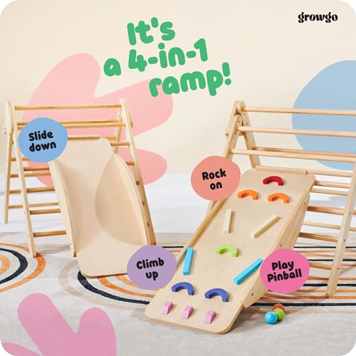 GROWGO Pikler Triangle Climber with Ramp - Toddler Climbing Toys Indoor Montessori Climbing Toy Set Pickle Triangle Montessori, Baby Climbing Toys Indoor, Pickler Set Wooden Play Gym, Kids Climbers GROWGO