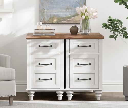 WAMPAT 2 Pack White End Table with Charging Station, Wood Side Sofa Table with Drawer and Storage Cabinet, Modern Nightstand with Power Outlets & USB Ports for Living Room, Bedroom WAMPAT