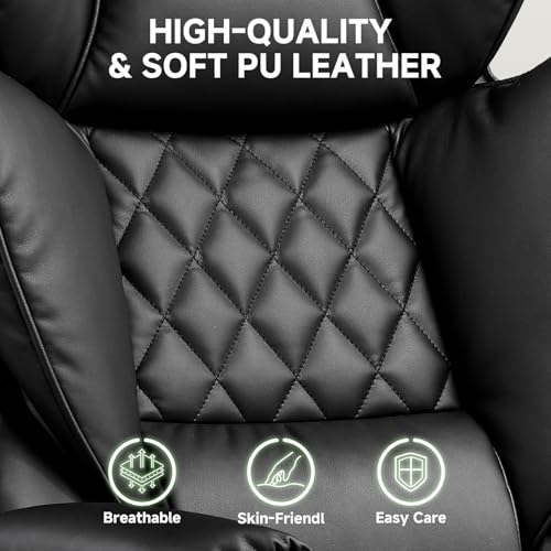 COMHOMA Big and Tall Office Chair, High Back Leather Gaming Chair with Footrest, Executive Ergonomic Office Chair with Pocket Spring Lumbar Support and with Outward Fixed Soft Armrests COMHOMA
