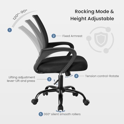 DUMOS Office Desk Chair - Ergonomic Mid Back with Lumbar Support & Rocking Mode, Height Adjustable with Fixed Armrest, Storage Back for Computer, Gaming, Conference, Meeting, 360° Swivel, Black DUMOS