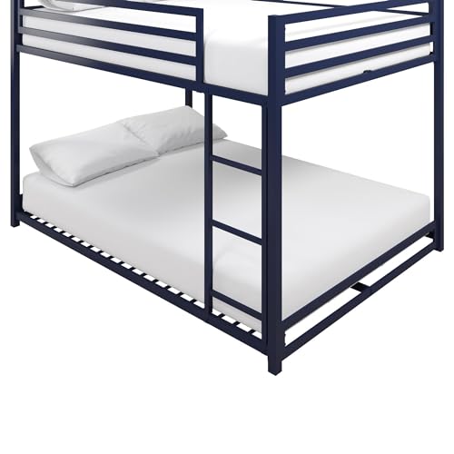 DHP Miles Low Metal Bunk Bed Frame for Kids, With Built-in Ladder, High Guardrail and Metal Slats, Floor Bed Bottom Bunk, No Boxspring Required, For Small Spaces, Full-Over-Full, Blue DHP