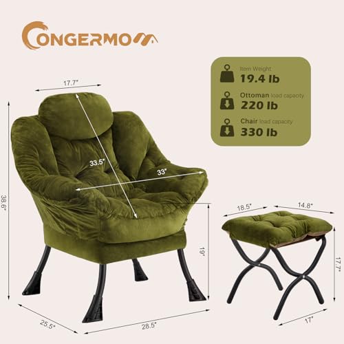 Congermom Lazy Chair with Folding Ottoman,Leisure Sofa Chair,Soft Fabric Armchair with Armrests and Side Pockets, Reading Chair with Footrest for Living Room, Bedroom, Office (Plush Green)