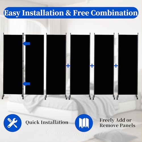 Room Divider 6FT Room Partition with Lockable Wheels, (Thicked Metal Base) Room Dividers, Freestanding Indoor Folding Privacy Screens, Portable Fabric Wall Divider for (Black, 132"- 6 Panel) JVVMNJLK