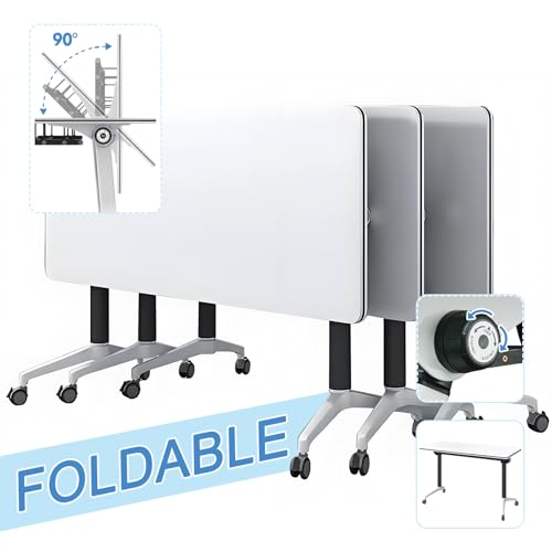 HSHBDDM Folding Conference Table with Flip-Top & Locking Wheels, Training Table with Metal Frame – Modular, Space-Saving Design for Office, Meeting, and Classroom Use HSHBDDM
