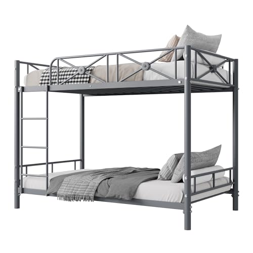 IDEALHOUSE Metal Bunk Bed Twin Over Twin, Modern Heavy Duty Bunkbeds with Safety Guard Rails & Space-Saving Design, Steel Twin Bunk Beds for School, Bedroom, Grey IDEALHOUSE