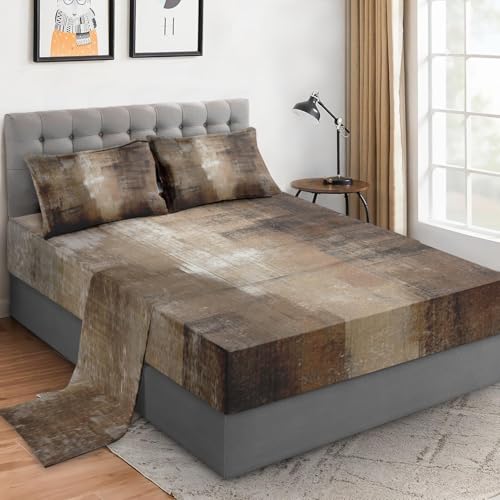 WeCozy King Size Bed Sheet Sets with Pillowcases, Brown Grey Painting 4 Pcs Soft Microfiber Bedding for Kids and Adults, Beige Contemporary Flat, Fitted Sheet for Bedroom Bed Decor WeCozy