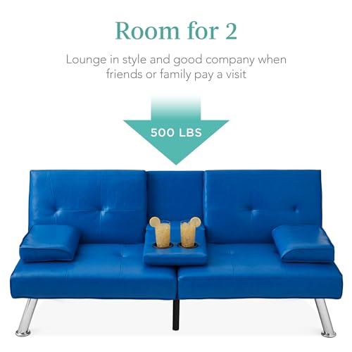 Best Choice Products Faux Leather Upholstered Modern Convertible Futon, Adjustable Folding Sofa Bed, Guest Bed w/Removable Armrests - Royal Blue Best Choice Products