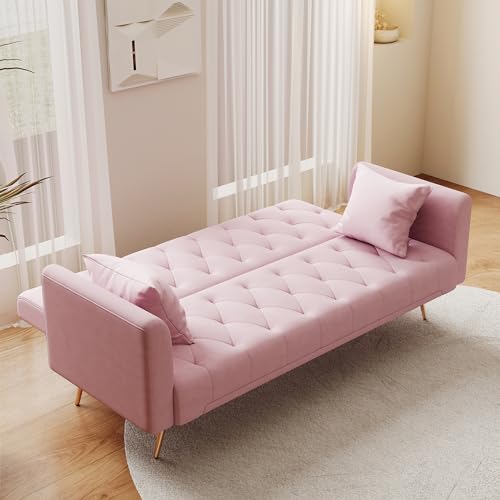 Modern Velvet Sofa Bed Futon with 2 Pillows,2-in 1 Convertible Sleeper Couch Bed,Folding Recliner Loveseat with Golden Metal Legs for Living Room Apartment Office (Light Pink) Anwick