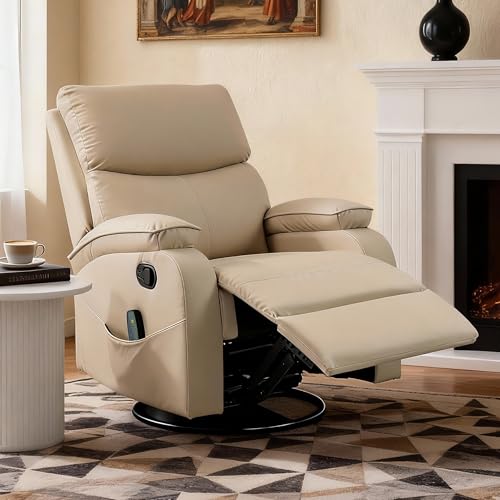 Culect 360° Swivel Rocking Recliner Chair, Massage Lazy Boy Recliner, Small Spaces Recliner for Living Room, Bedroom and Nursery, Beige Leather