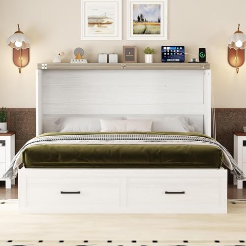MERITLINE Queen Farmhouse Murphy Chest Bed with Storage Drawers and Charging Station, Wood Folding Hideaway Rustic Murphy Bed Cabinet with Storage for Adults,Space Saving (White)