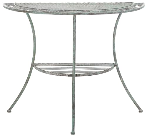 SAFAVIEH Outdoor Collection Genson Antique Dark Green Wrought Iron Half Moon Console Table SAFAVIEH