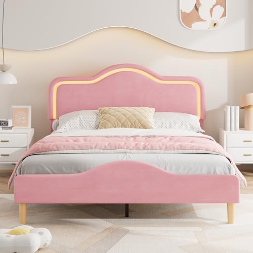 GarveeHome Full Size LED Bed Frame with Adjustable Headboard & Footboard, Velvet Upholstered Princess Platform Bedframe for Kids/Girls, Wooden Slats Support, No Box Spring Needed, Easy Assembly GarveeHome