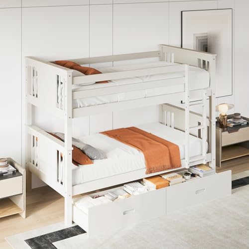 FUQARHY Bunk Bed Twin Over Twin with Storage Drawers, White Convertible Wood Twin Bunk Beds with Ladder and Safety Guardrail, No Box Spring Needed (White) FUQARHY